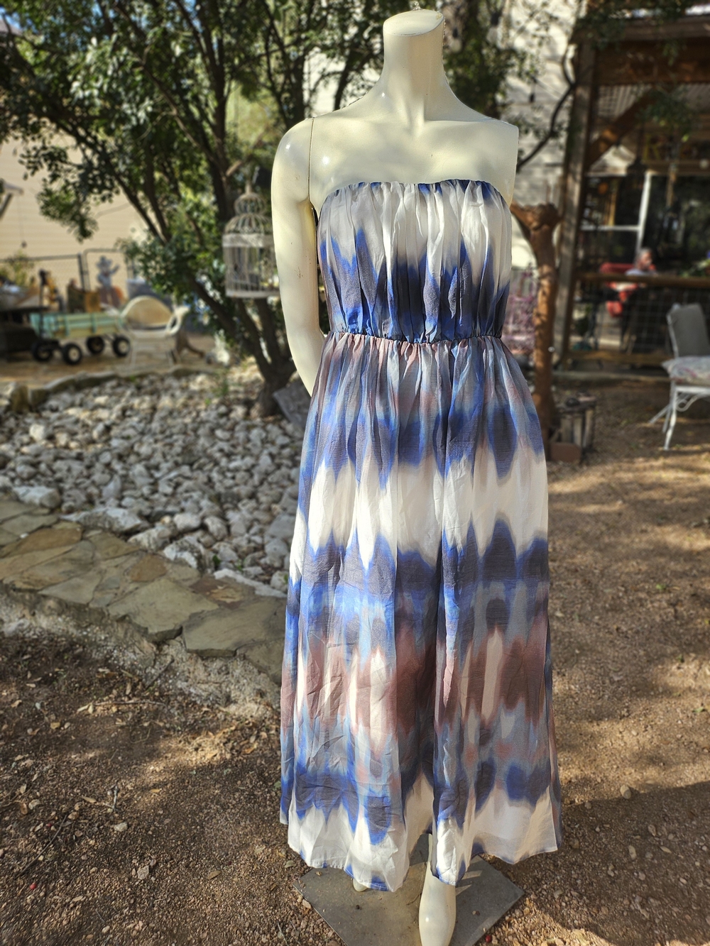 Banana Republic Organza Strapless Blue, White & Brown Tie-Dye Maxi Dress 2
